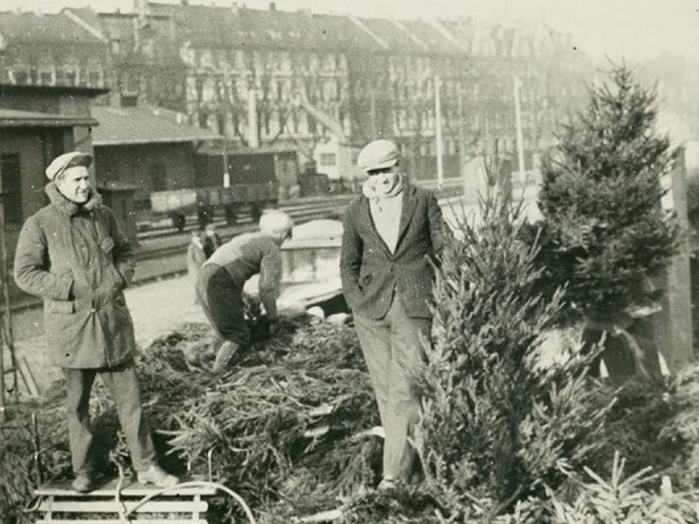 Zwei Männer an einen Stand für Weihnachtsbäume. © Stadtarchiv Düsseldorf