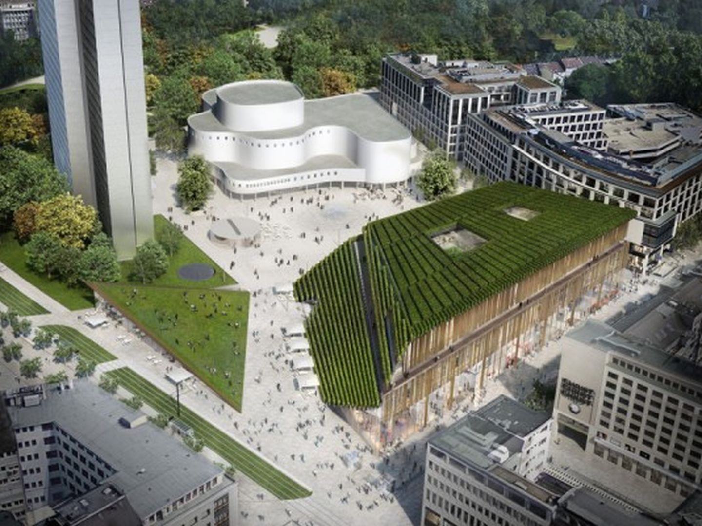 Blick auf den KÖ-Bogen 2 und das Düsseldorfer Schauspielhaus.