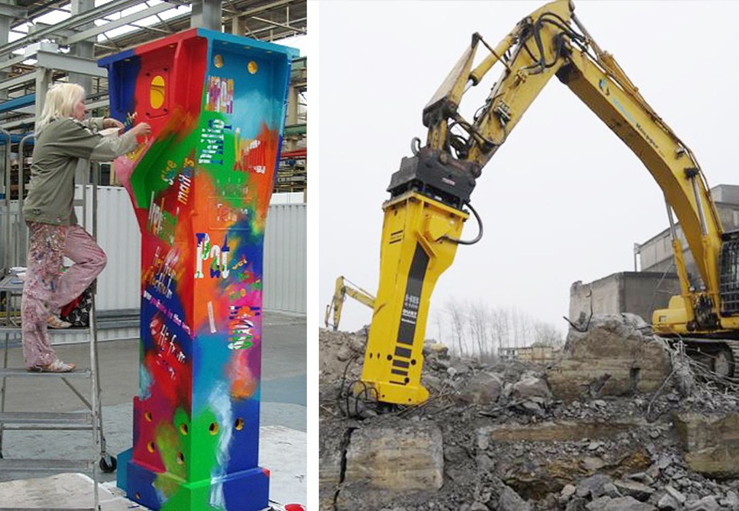 Heavy Beauty: Im Oktober 2016 bemalte Bea Schröder einen Bohrhammer von Atlas Copco. Mit markanten Sprüchen wie „We will rock you“ spaltet der zwar kein Gestein mehr, bohrt sich aber umso tiefer in das Gedächtnis begeisterter Messebesucher.