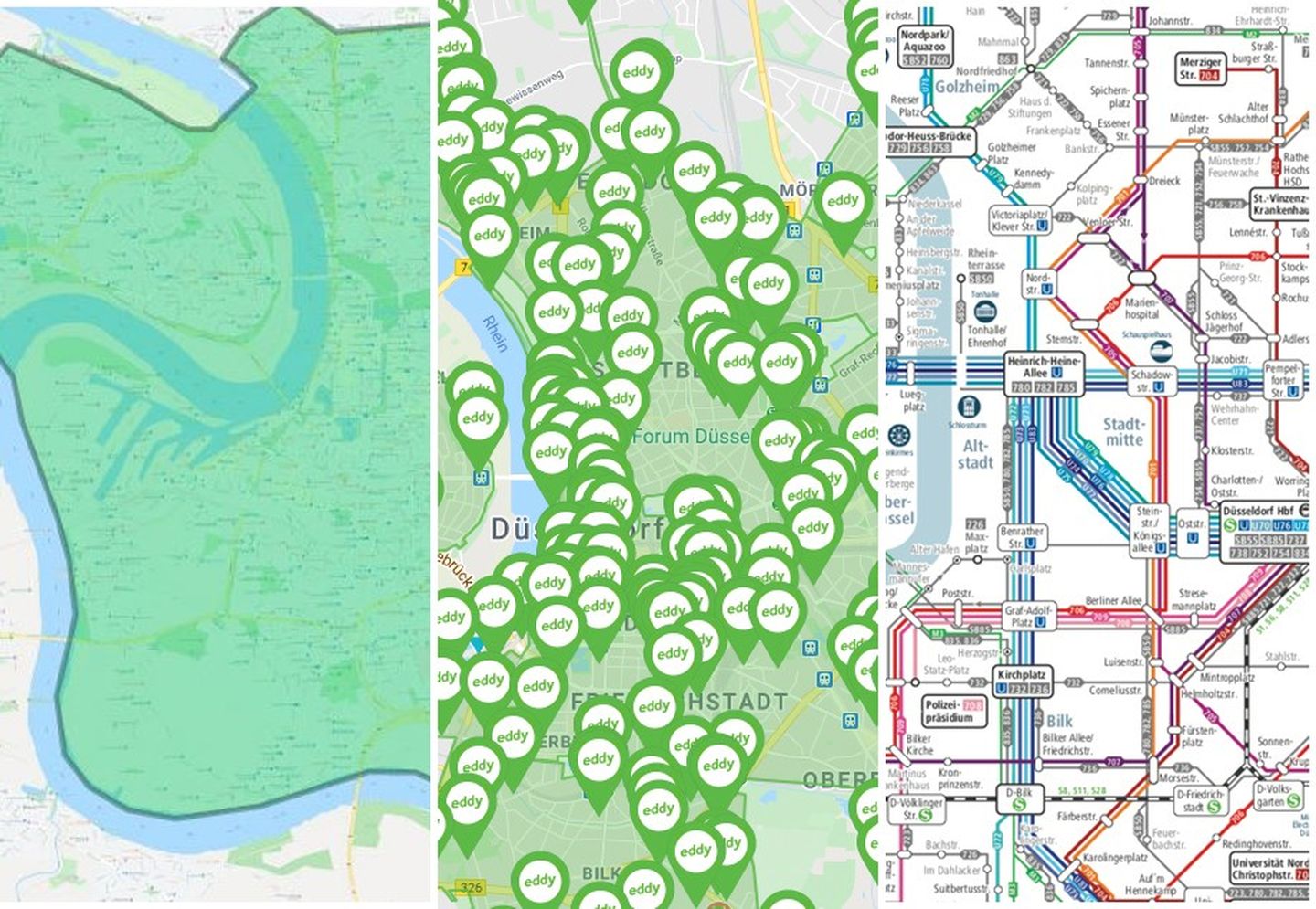 Dreigeteilte Kartenansicht der Geschäftsbereiche von CleverShuttle und eddy sowie des Linienplans der Rheinbahn in Düsseldorf