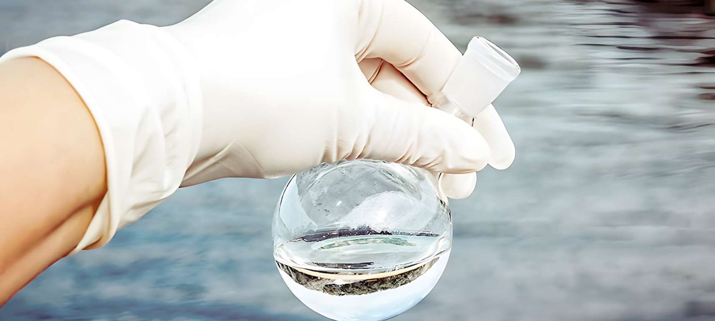 Eine Hand im Gummihandschuh hält eine Wasserprobe