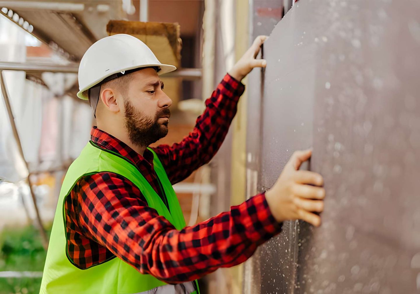 Ein Handwerker bringt Wärmedämmung an einer Wand an