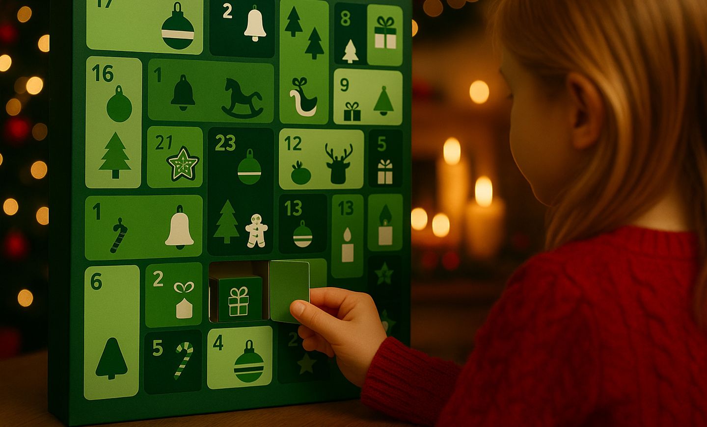 Ein Adventskalender der Stadtwerke Düsseldorf wird von einem Kind geöffnet