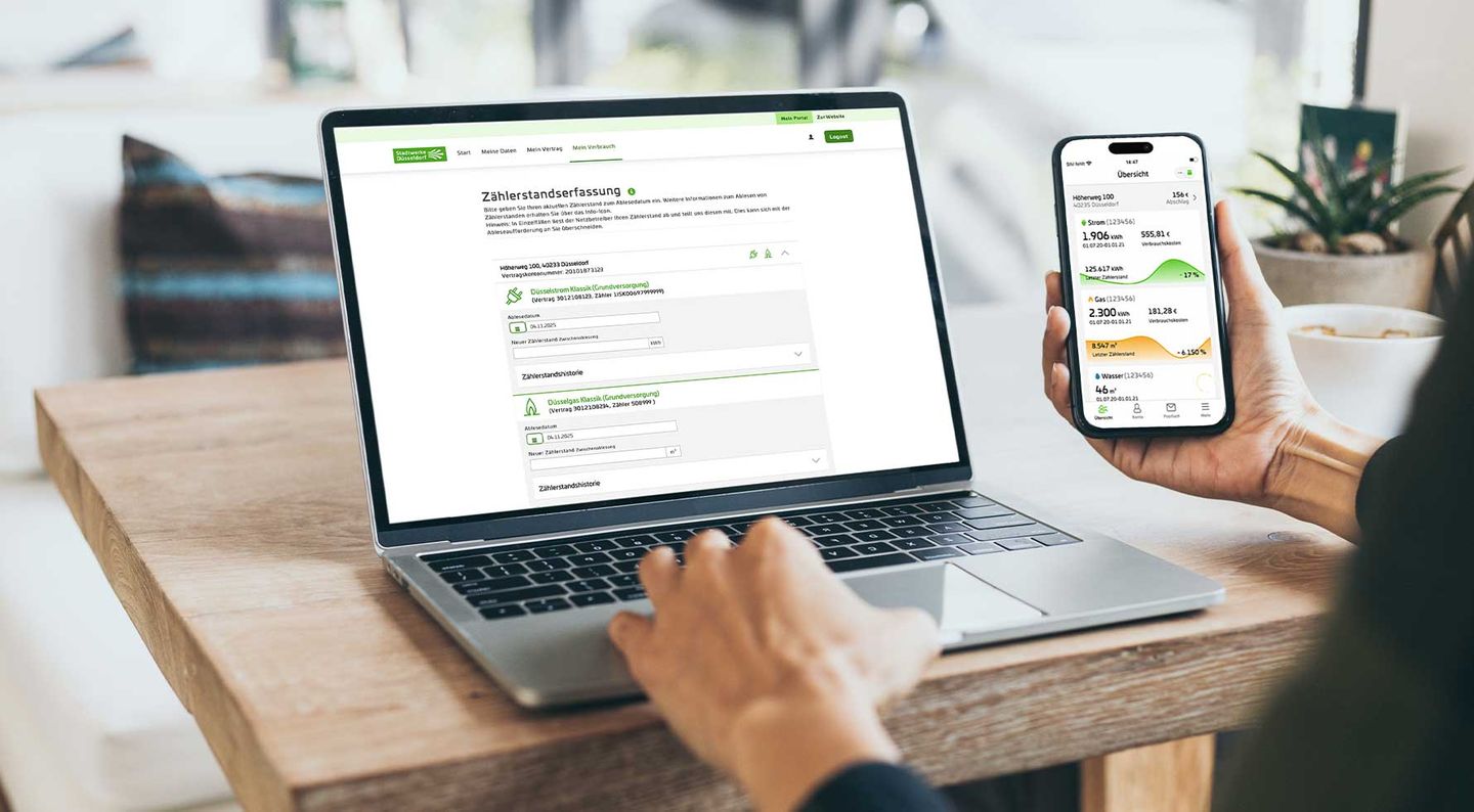 Das Kundenportal Web und App auf einem Laptop und Smartphone