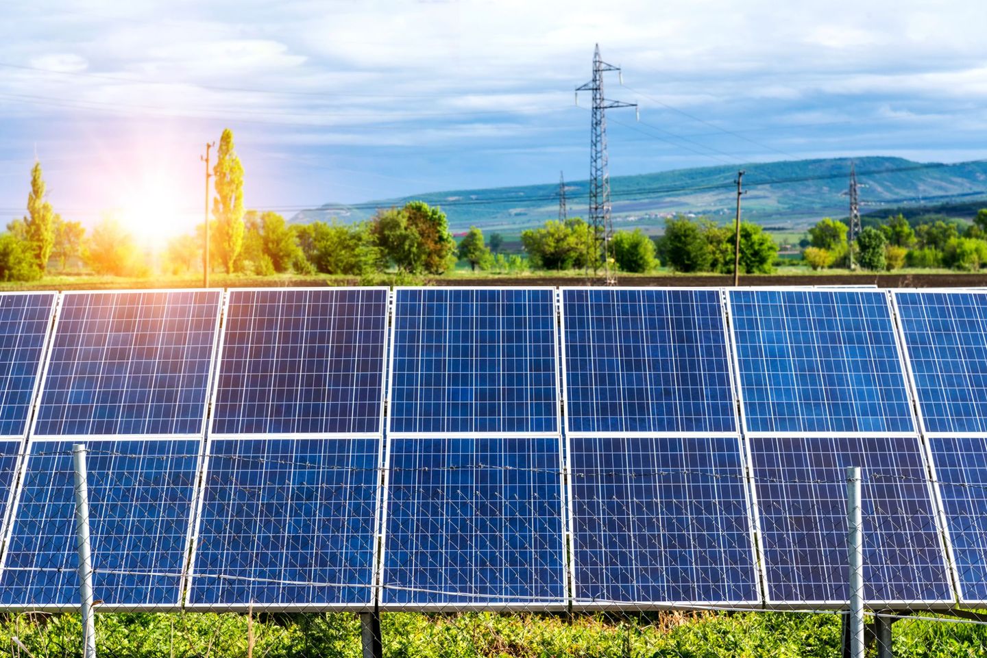 Eine Agri-PV-Anlage mit Strommasten im Hintergrund. © DiyanaDimitrova / iStock/ Getty Images Plus via Getty Images