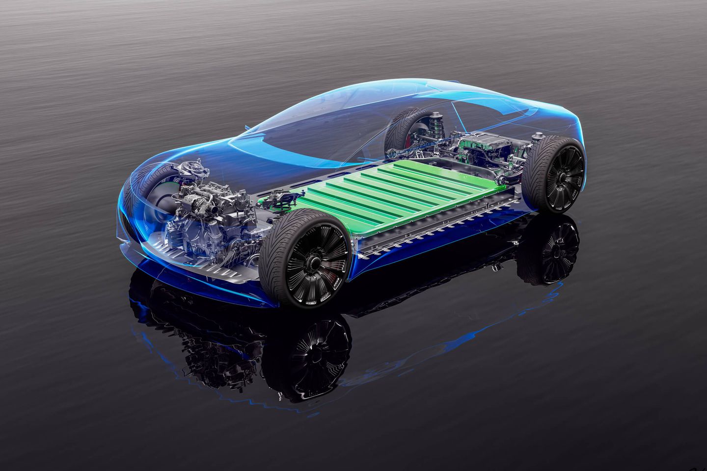 Transparente Darstellung eines Elektroautos mit Fokus auf die Batteriekomponenten. © xia yuan / Moment via Getty Images © xia yuan / Moment via Getty Images