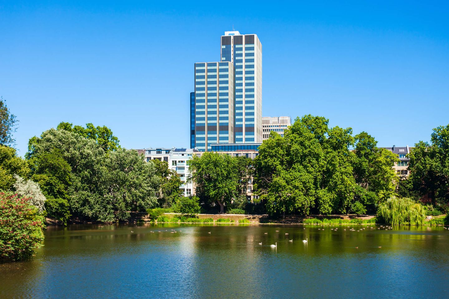 Wohn- und Bürogebäude ragen hinter dem Schwanenspiegel, einem Gewässer in Düsseldorf, in den blauen Himmel. © saiko3p / iStock / Getty Images Plus via Getty Images