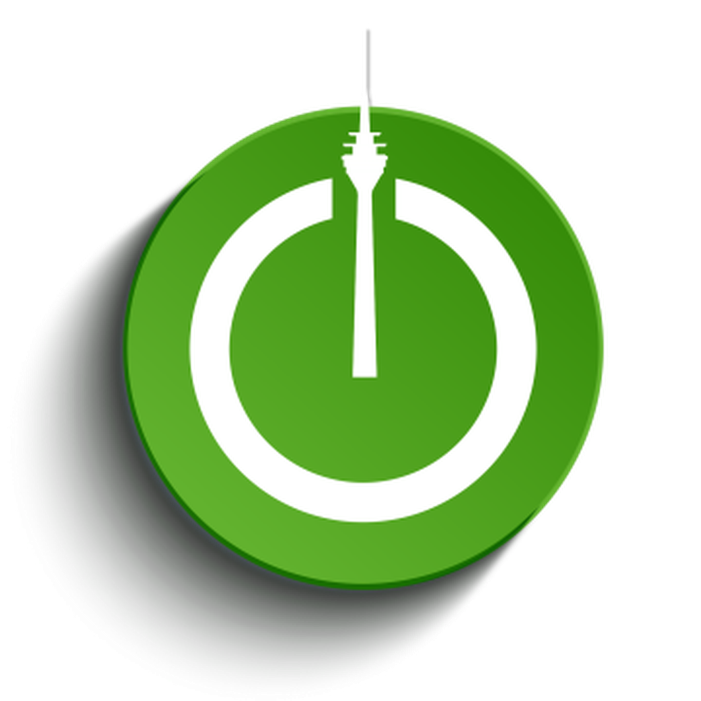 Grünes Icon mit weißem Ein/Aus-Symbol, in dessen Mitte der Düsseldorfer Rheinturm abgebildet ist. 