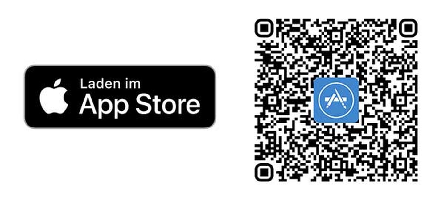 App Store Logo sowie QR Code für Apple Nutzer:innen