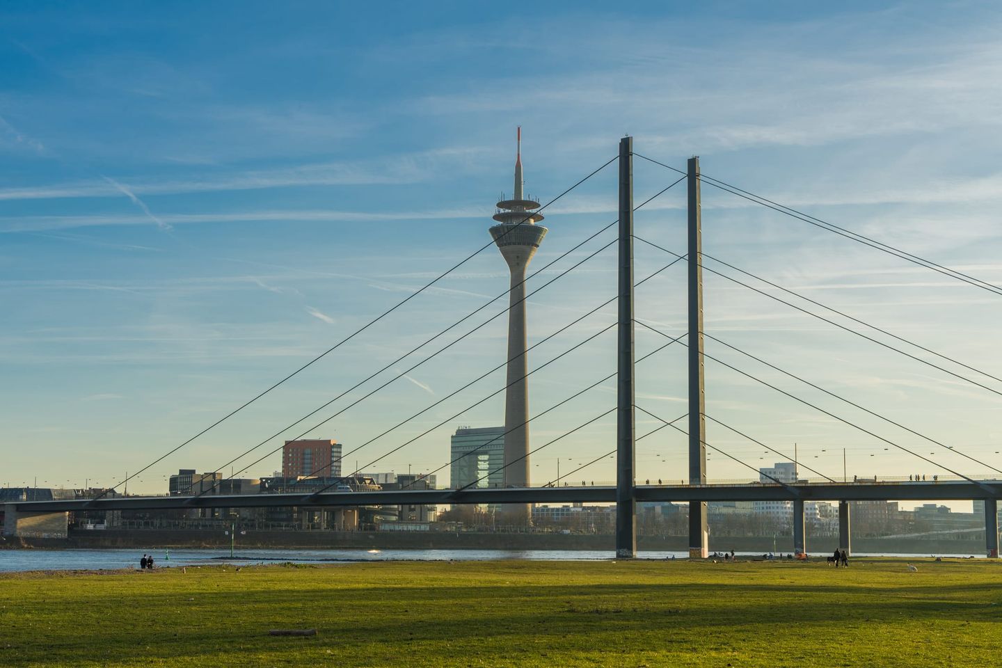 Blick auf den Rheinturm und die Rheinkniebrücke in Düsseldorf bei klarem Himmel.