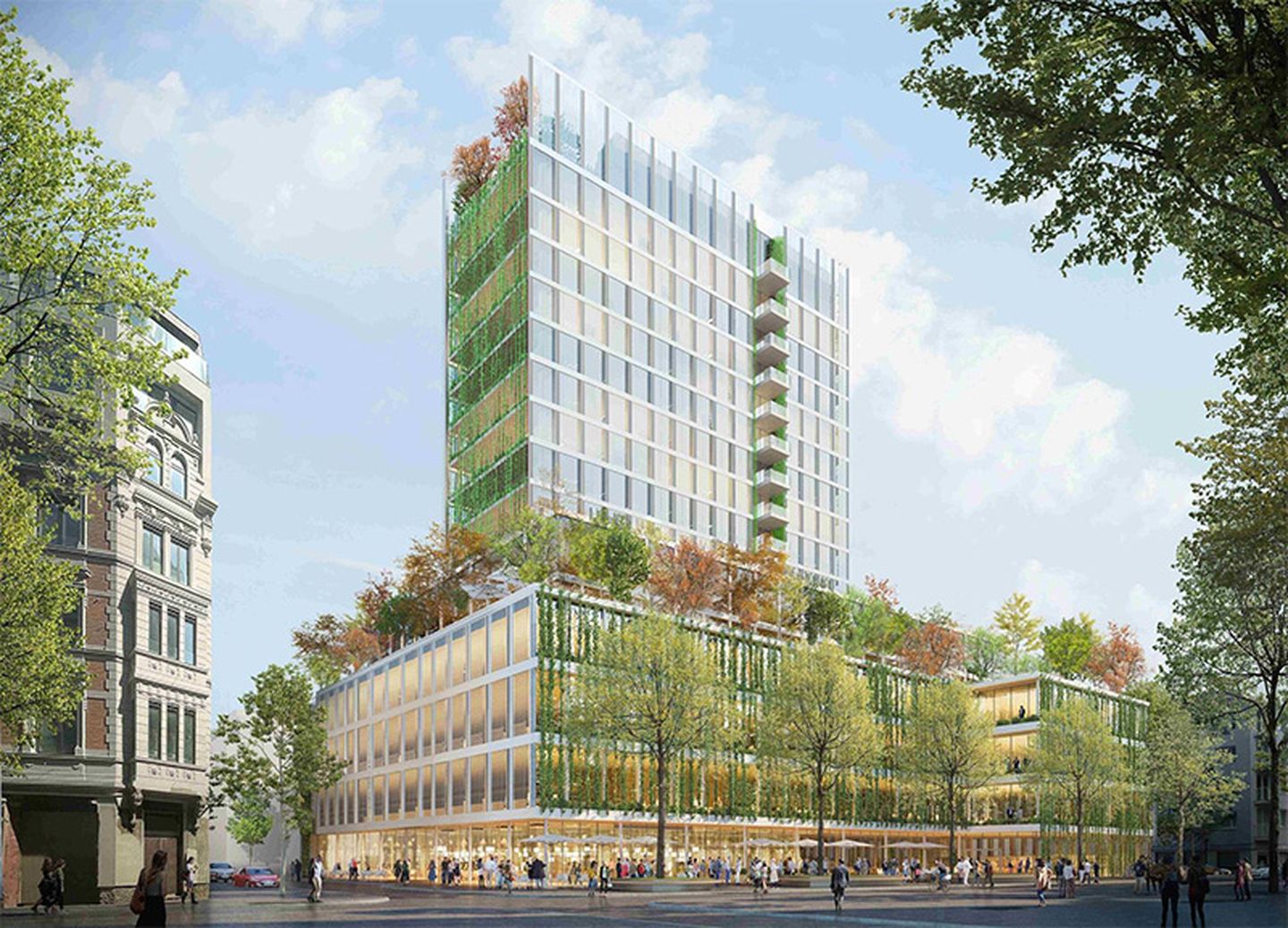 Visualisierung des KöTowers Düsseldorf mit bepflanzten Fassaden, begrünten Dachflächen und Bäumen im öffentlichen Raum AVP Becker GmbH