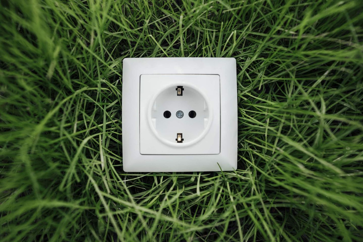 Steckdose inmitten von grünem Gras als Symbol für Ökostrom. Getty