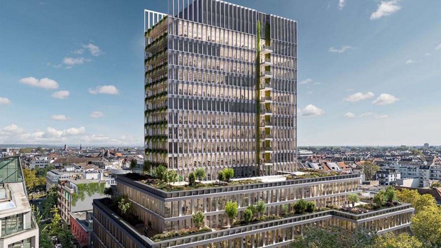 Visualisierung des KöTowers Düsseldorf mit 17 Etagen, begrünten Fassaden und bepflanzten Dachgärten an der Königsallee 106 AVP Becker GmbH