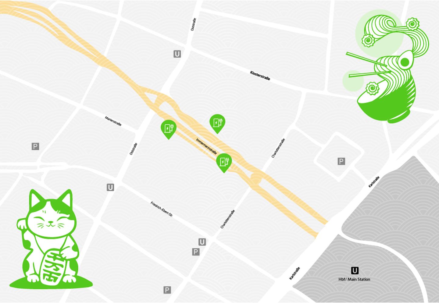 Karte von Düsseldorf, die die Lage des Japanviertels im Stadtzentrum hervorhebt. © Stadtwerke Düsseldorf