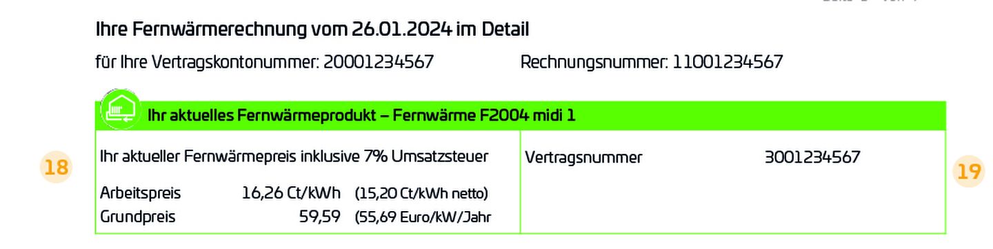 Arbeits- und Grundpreis einer Fernwärme-Rechnung der Stadtwerke Düsseldorf