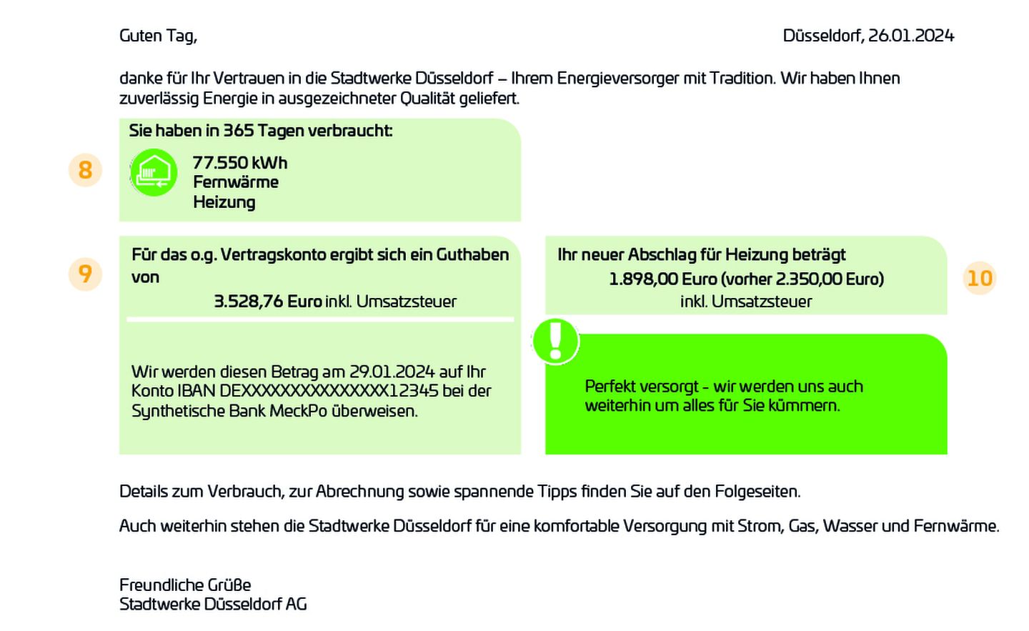 Anschreiben einer Fernwärme-Rechnung der Stadtwerke Düsseldorf