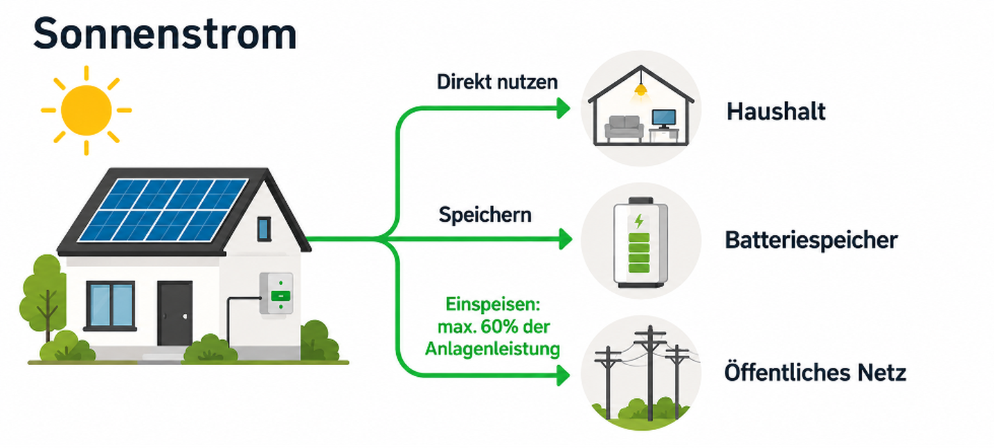 Infografik zur 60-Prozent-Regel für Photovoltaikanlagen: Sonnenrstrom fließt in den Haushalt, in den Batteriespeicher oder mit begrenzter Einspeiseleistung ins öffentliche Netz. © Stadtwerke Düsseldorf / KI-generiert mit OpenAI